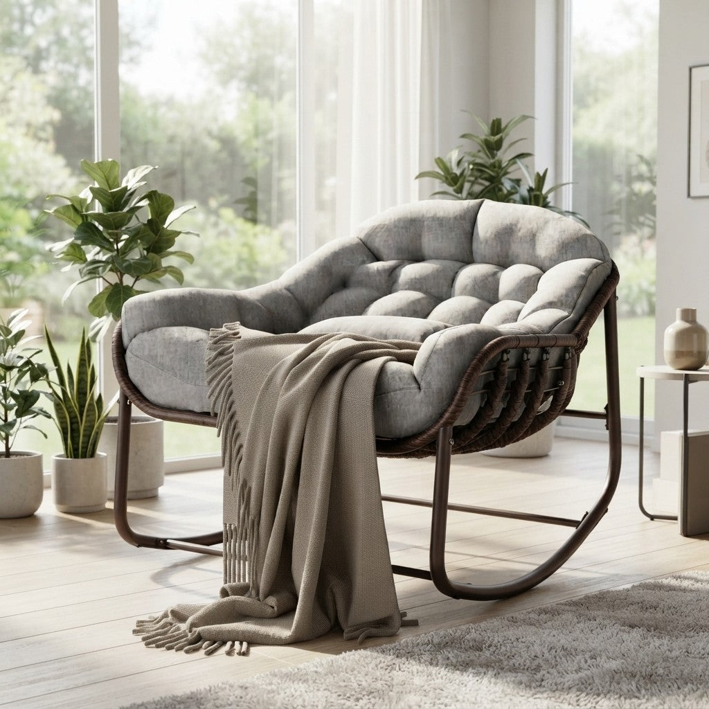 Fauteuil à Bascule Rotin Synthétique Forme Œuf dans un salon lumineux