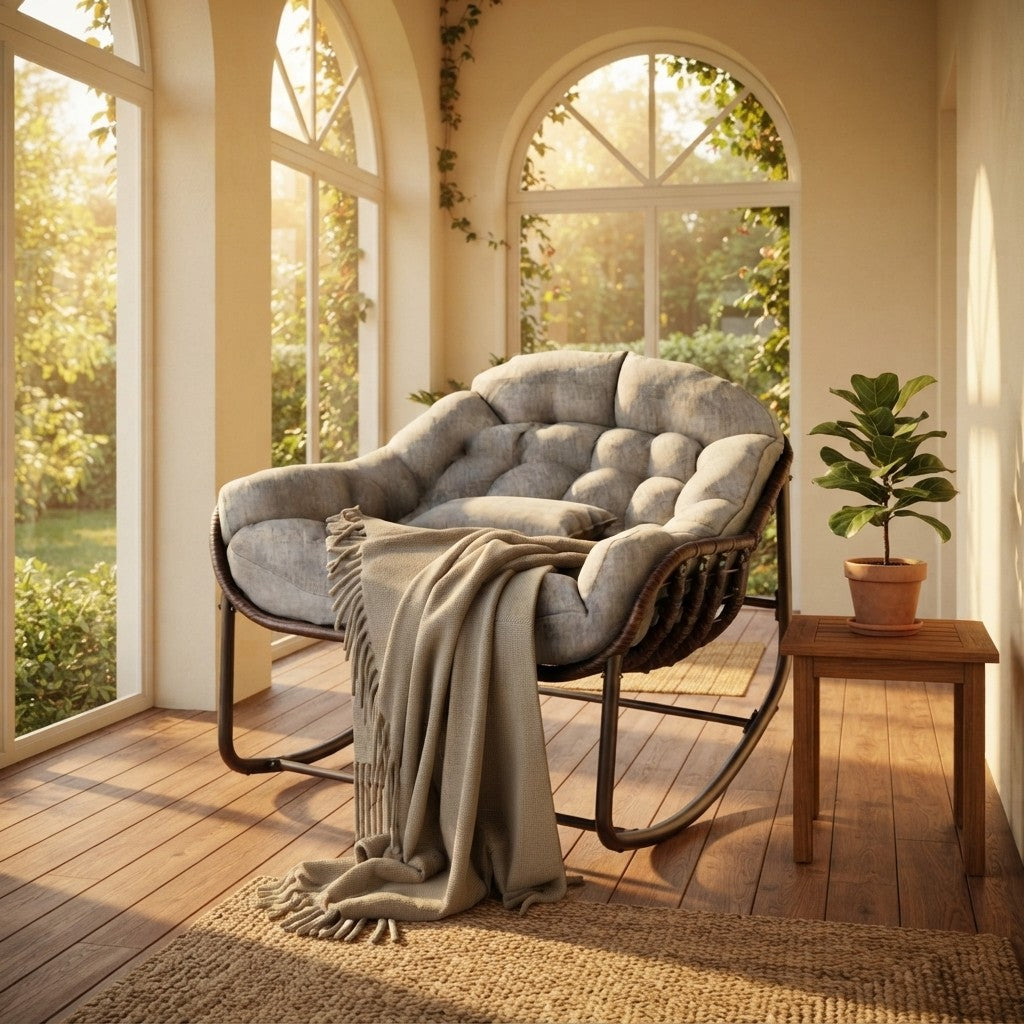 Fauteuil à Bascule Rotin Synthétique Forme Œuf dans une véranda