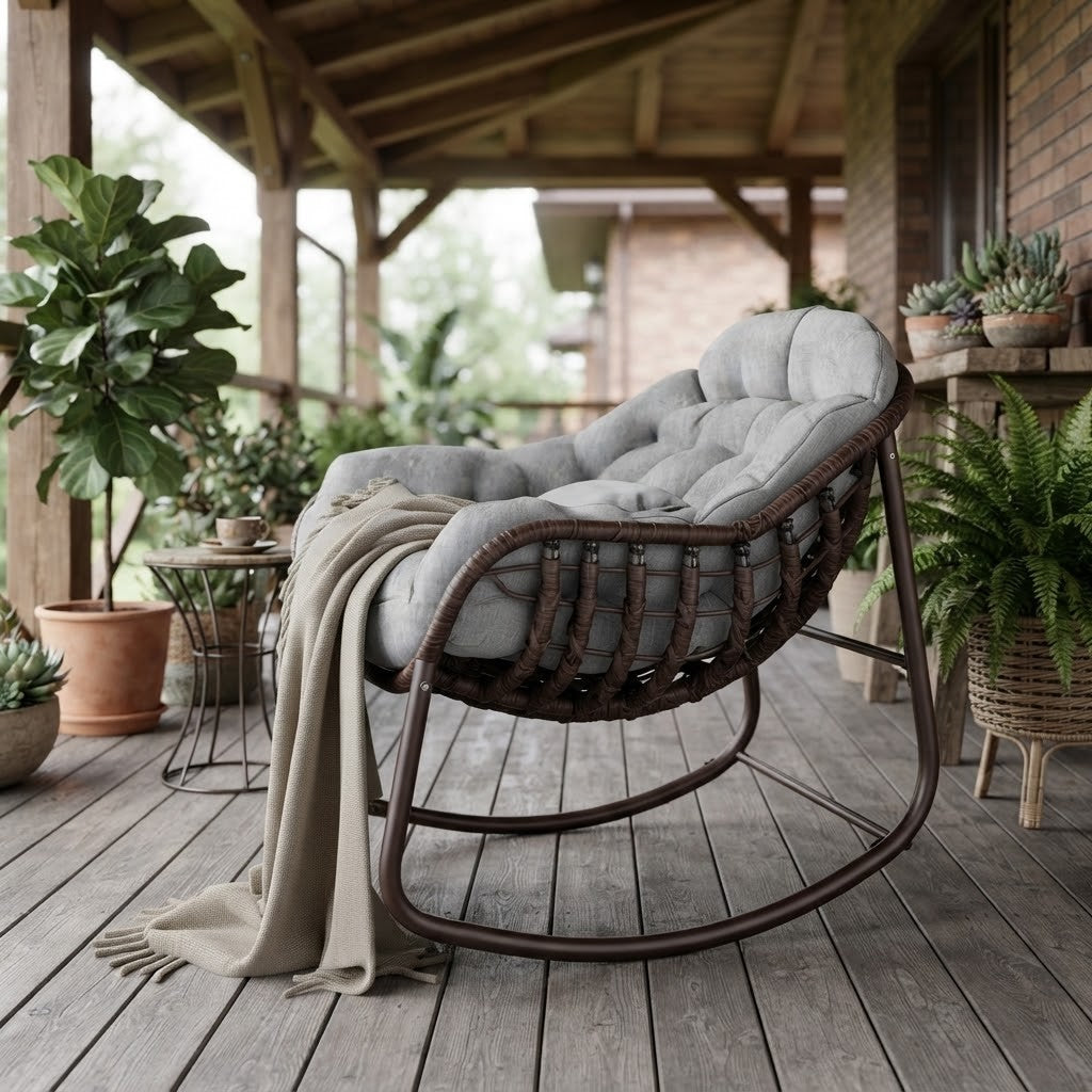 Fauteuil à Bascule Rotin Synthétique Forme Œuf sur une terrasse couverte