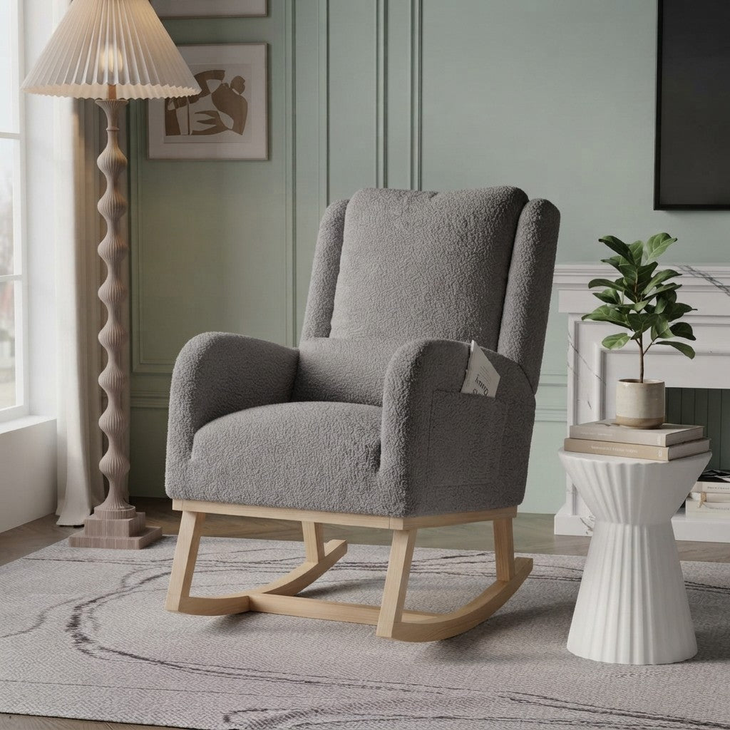 Fauteuil à Bascule Moderne en Tissu Teddy dans un coin lecture de salon