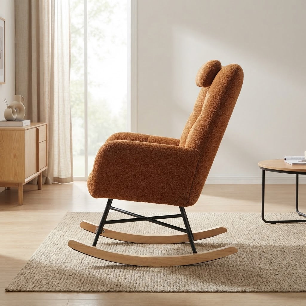 Fauteuil à Bascule Dossier Haut avec Poches dans un salon lumineux, vue de profil