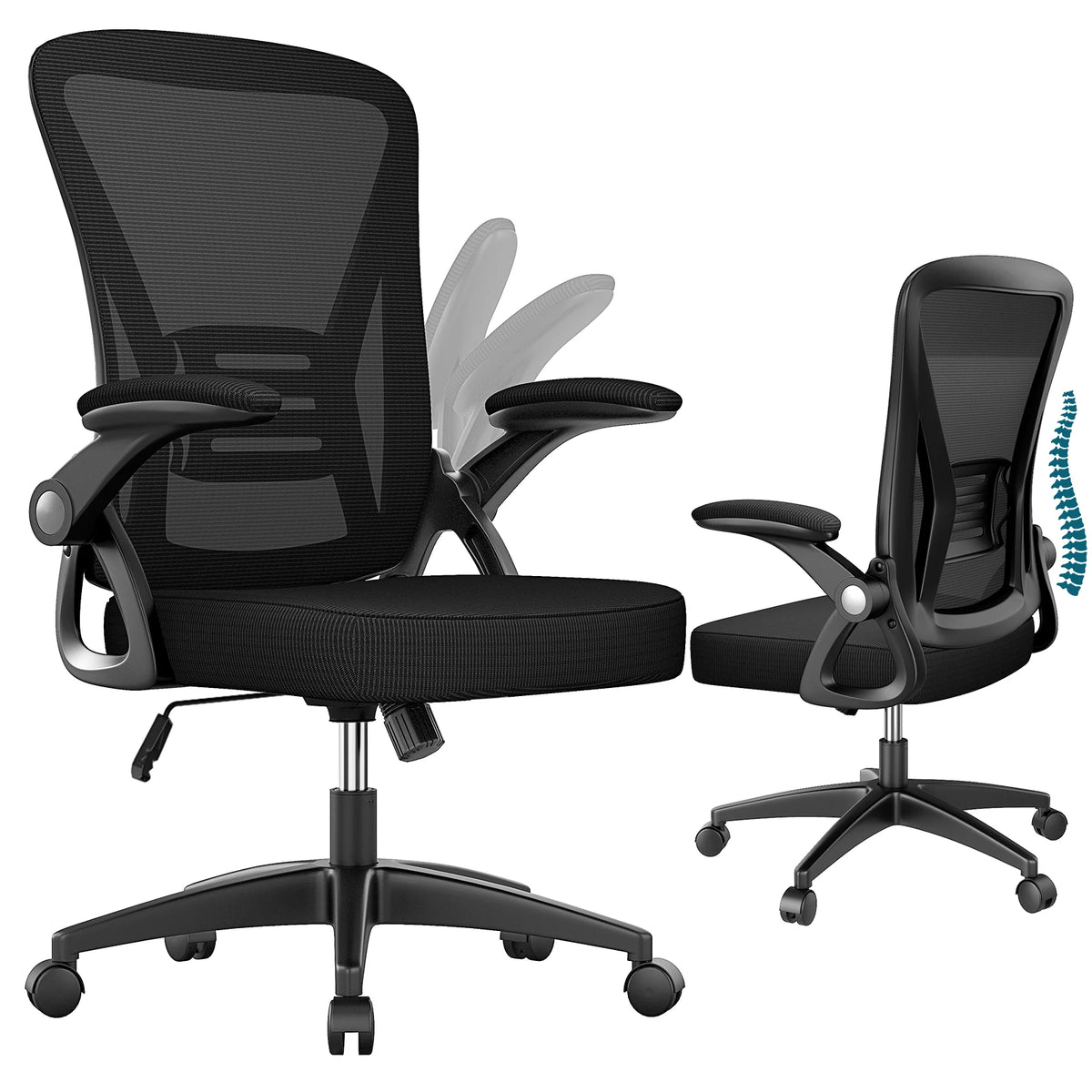 Chaise Ergonomique à Accoudoirs Réglables en Maille – coloris noir