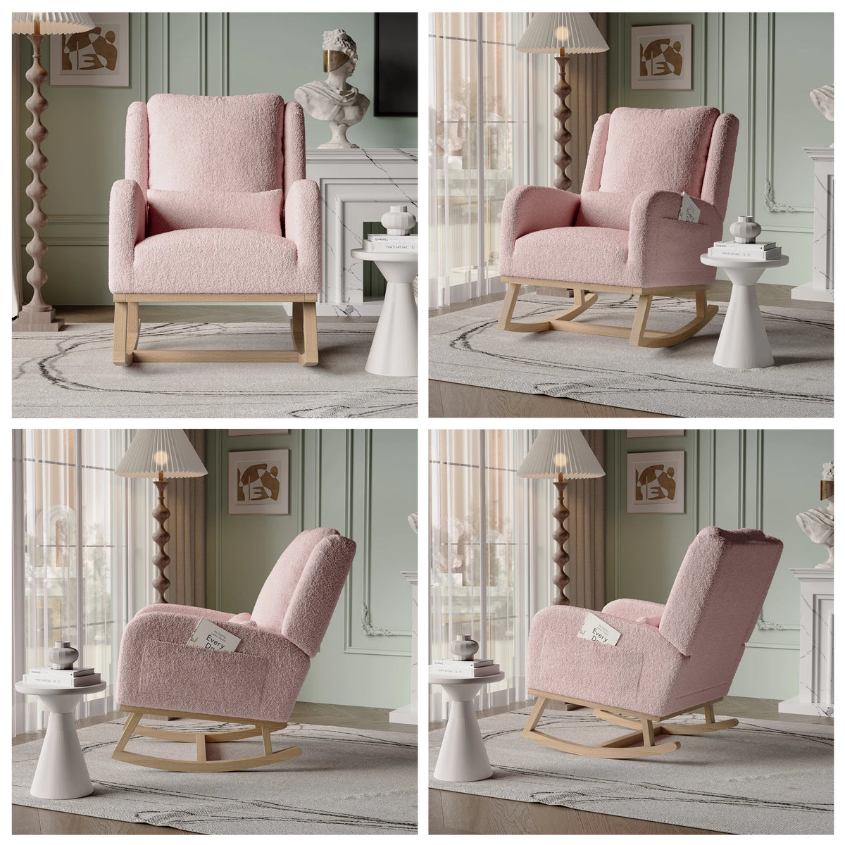 Fauteuil à Bascule Moderne en Tissu Teddy – coloris rose teddy