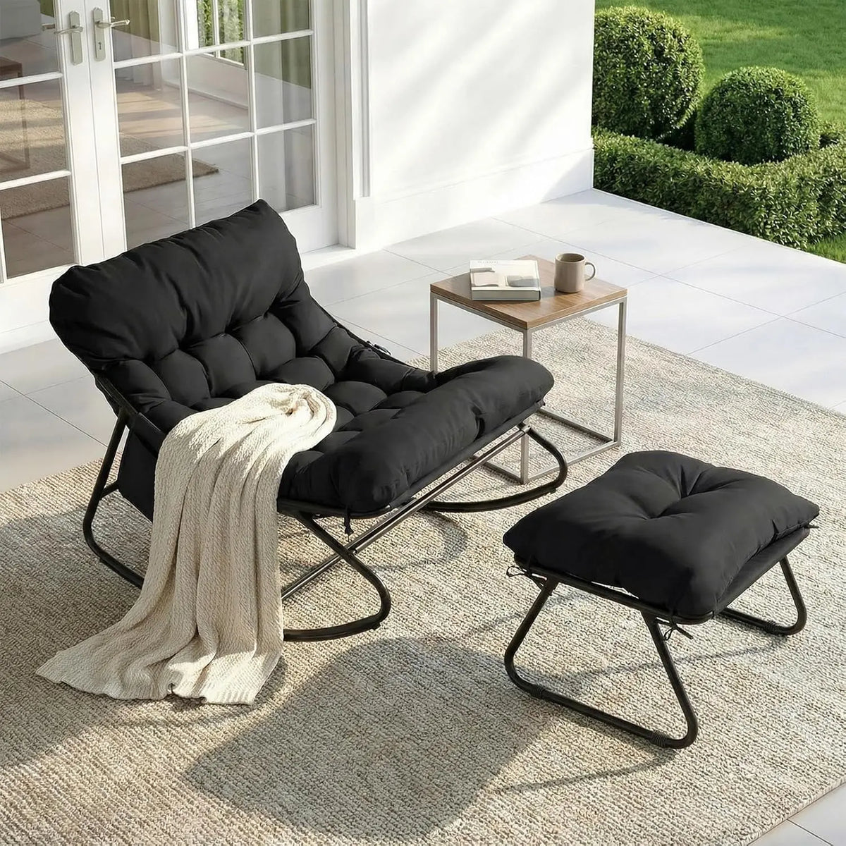 Fauteuil à Bascule Extérieur avec Repose-Pieds – coloris noir