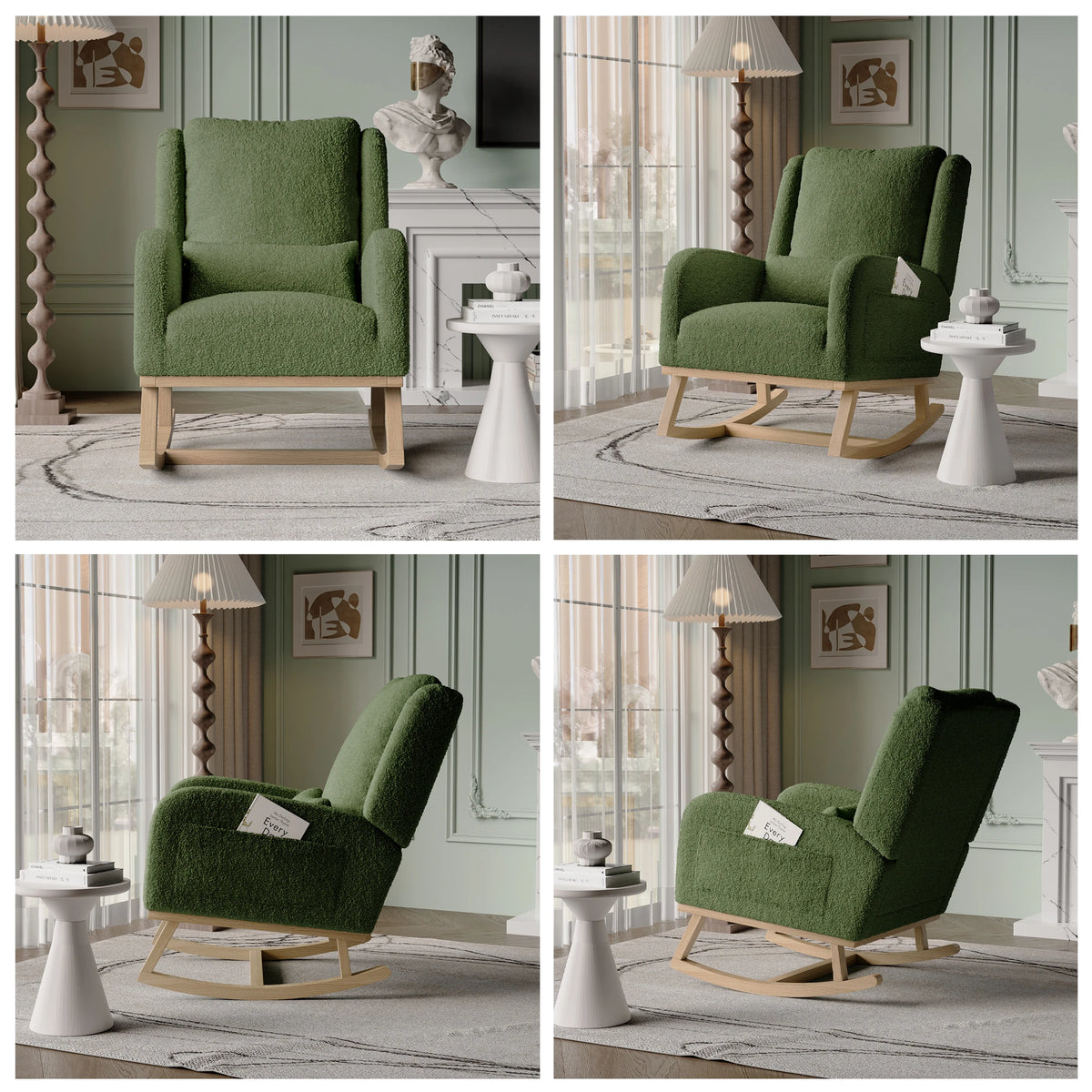 Fauteuil à Bascule Moderne en Tissu Teddy – coloris vert teddy