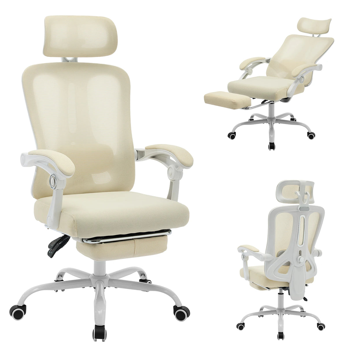 Chaise de Bureau Dossier Haut avec Repose-Pieds – coloris beige