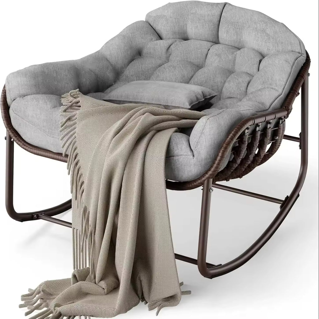 Fauteuil à Bascule en Rotin avec Coussin Épais Forme Œuf - Gris | Maison Belvard