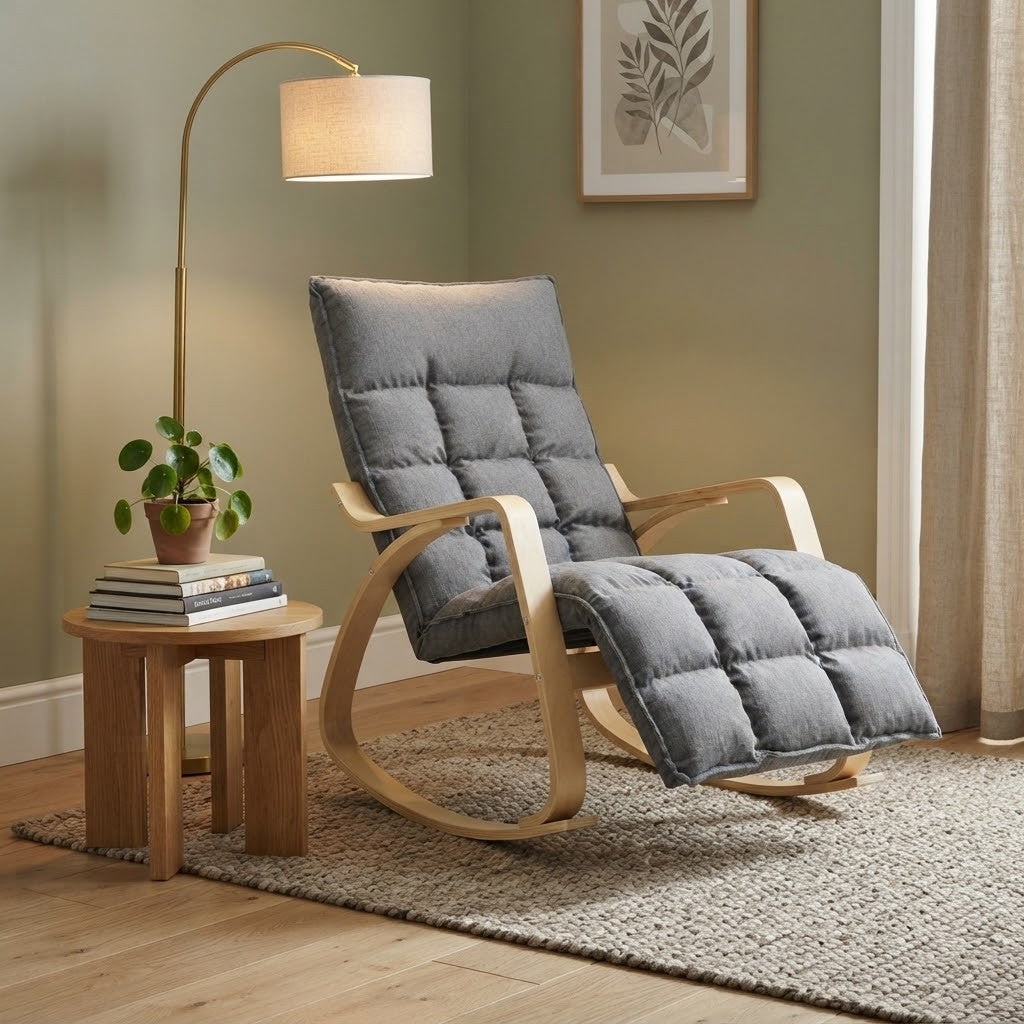 Fauteuil à Bascule Bois de Bouleau avec Repose-Pieds dans un coin lecture de salon