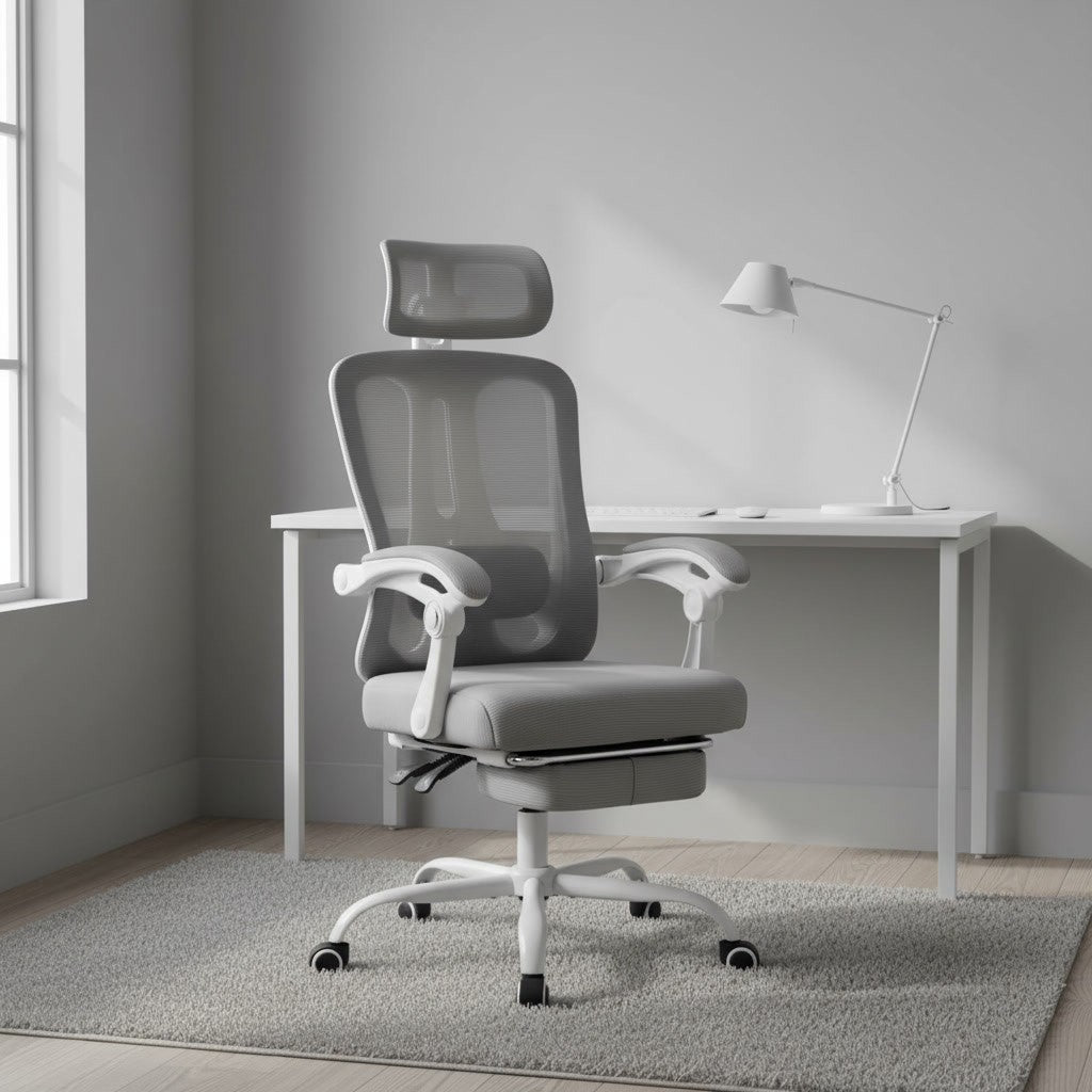 Chaise de Bureau Dossier Haut avec Repose-Pieds gris dans un bureau scandinave épuré