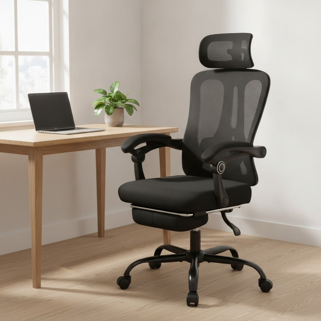 Chaise de Bureau Dossier Haut avec Repose-Pieds noir dans un coin bureau lumineux