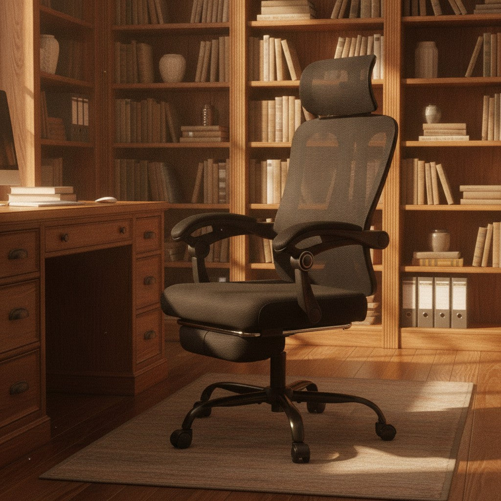 Chaise de Bureau Dossier Haut avec Repose-Pieds noir dans un bureau avec bibliothèque