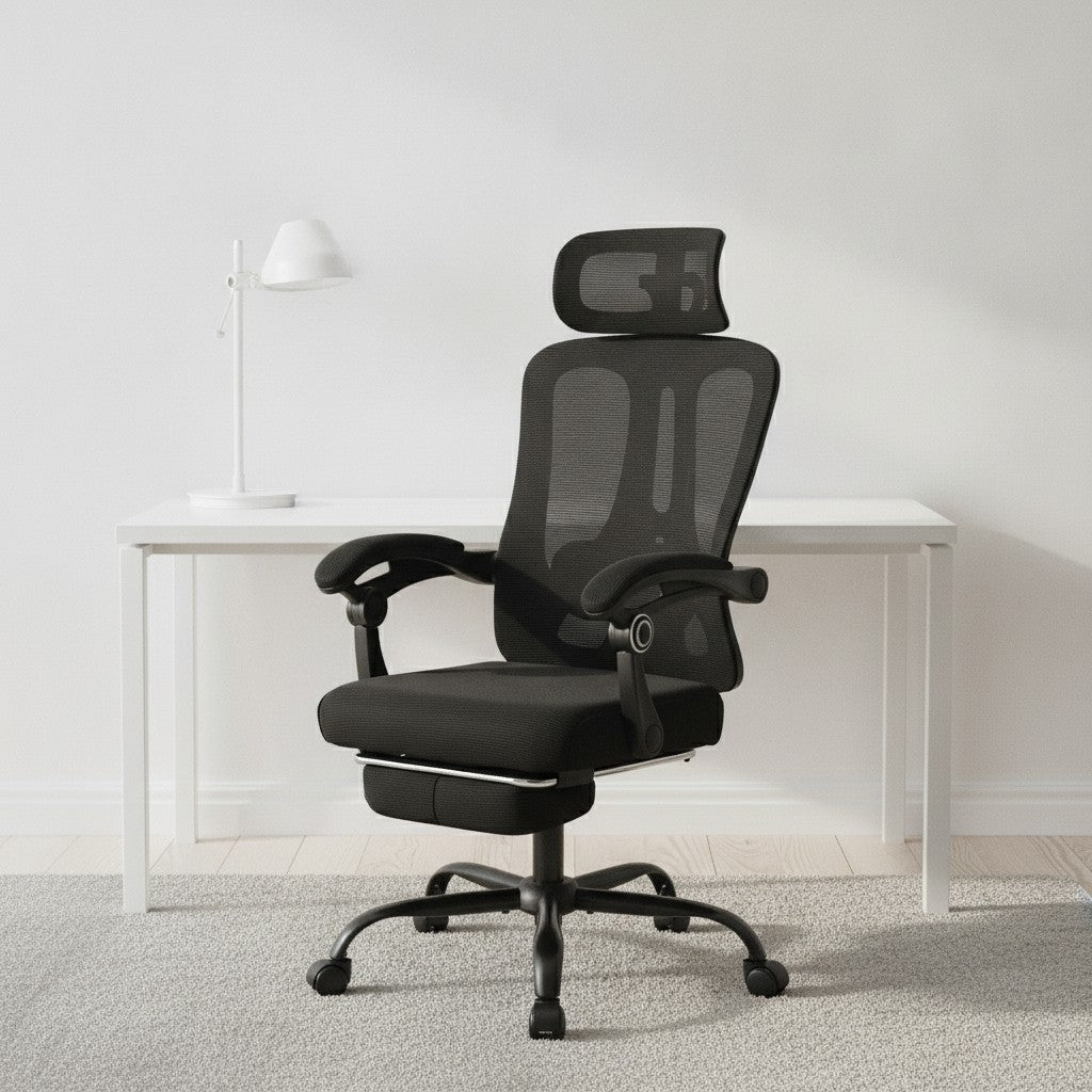Chaise de Bureau Dossier Haut avec Repose-Pieds noir dans un bureau scandinave épuré