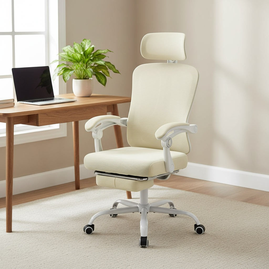 Chaise de Bureau Dossier Haut avec Repose-Pieds beige dans un coin bureau lumineux