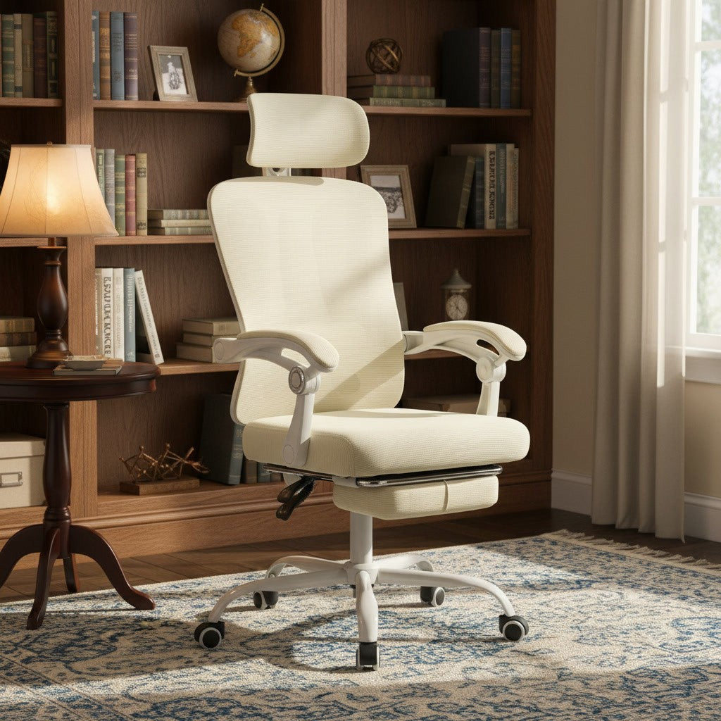 Chaise de Bureau Dossier Haut avec Repose-Pieds beige dans un bureau avec bibliothèque