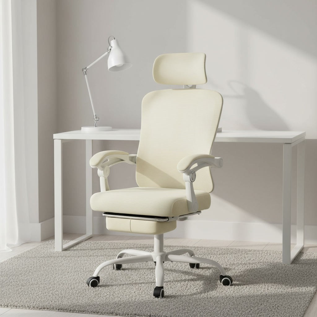 Chaise de Bureau Dossier Haut avec Repose-Pieds beige dans un bureau scandinave épuré