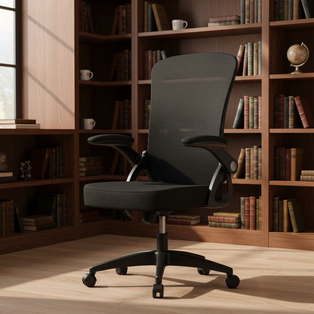 Chaise Ergonomique à Accoudoirs Réglables en Maille noir dans un bureau avec bibliothèque