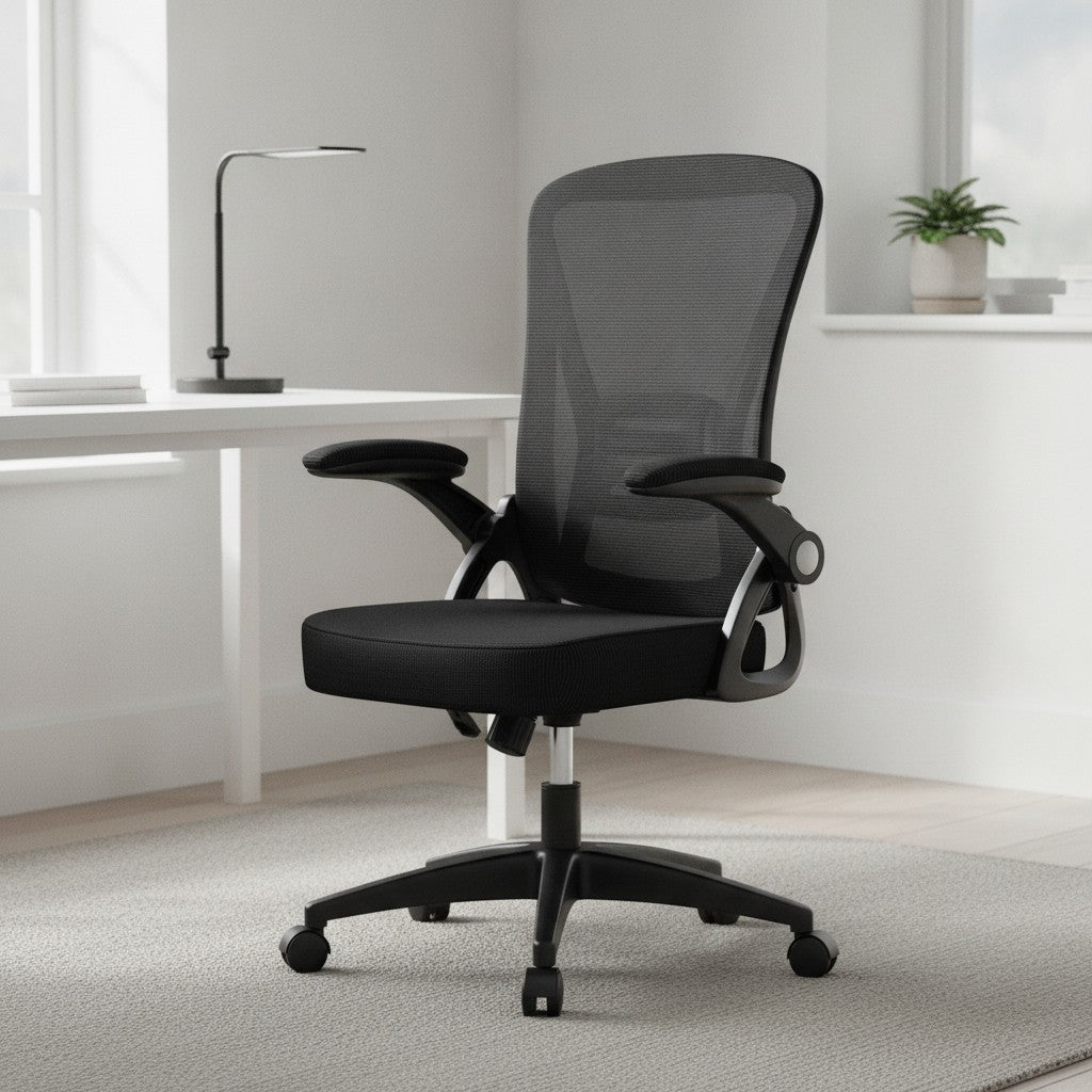 Chaise Ergonomique à Accoudoirs Réglables en Maille noir dans un bureau scandinave épuré