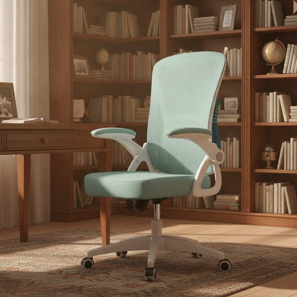 Chaise Ergonomique à Accoudoirs Réglables en Maille vert dans un bureau avec bibliothèque