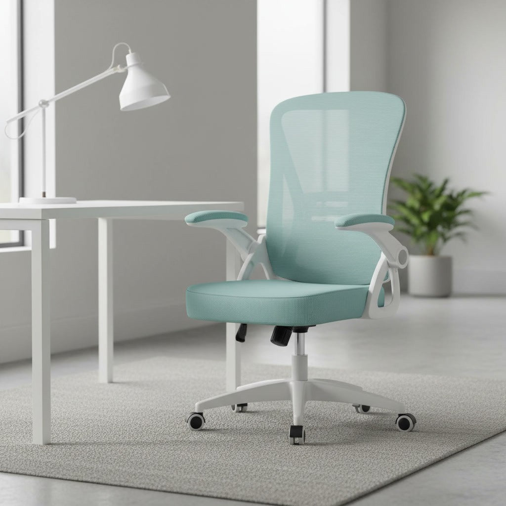 Chaise Ergonomique à Accoudoirs Réglables en Maille vert dans un bureau scandinave épuré