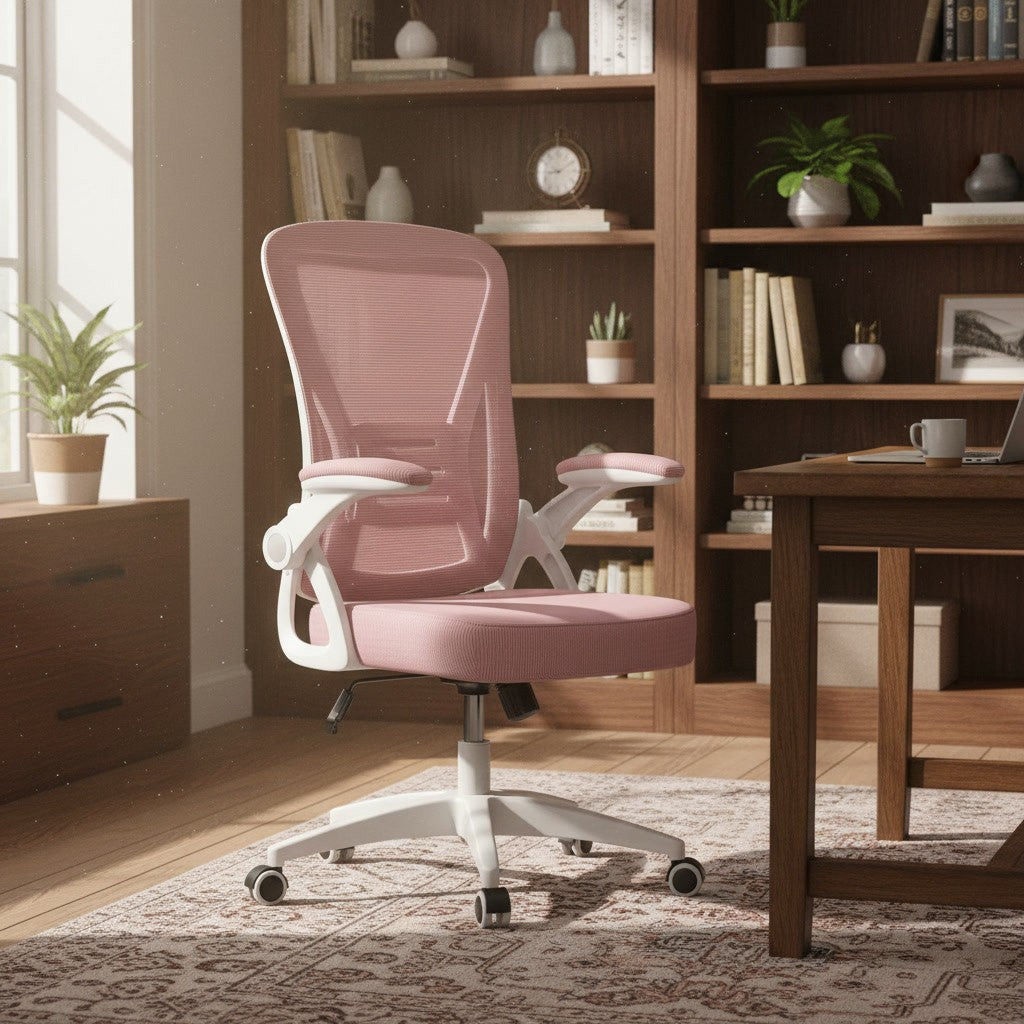 Chaise Ergonomique à Accoudoirs Réglables en Maille rose dans un bureau avec bibliothèque