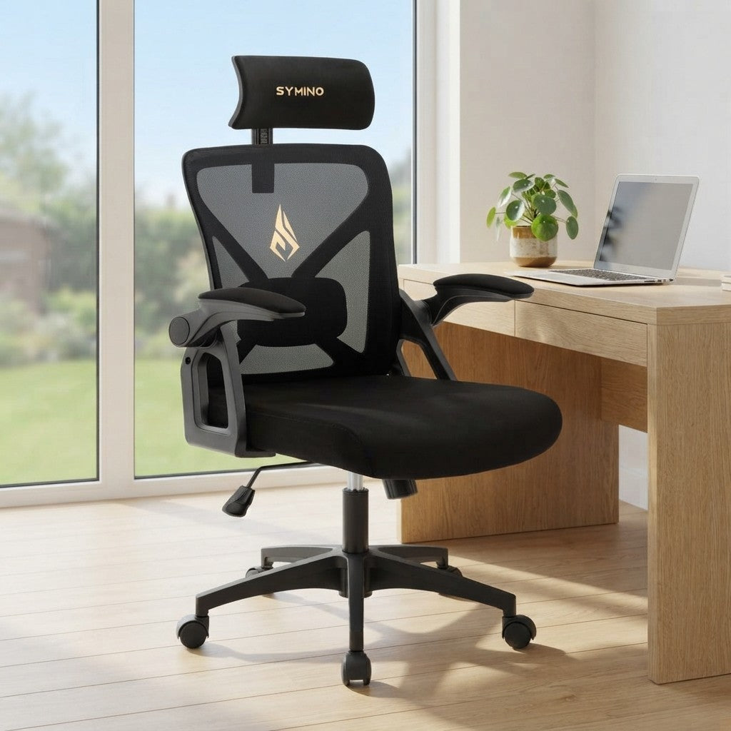 Chaise Ergonomique pour le Dos avec Appui-Tête noir dans un coin bureau lumineux