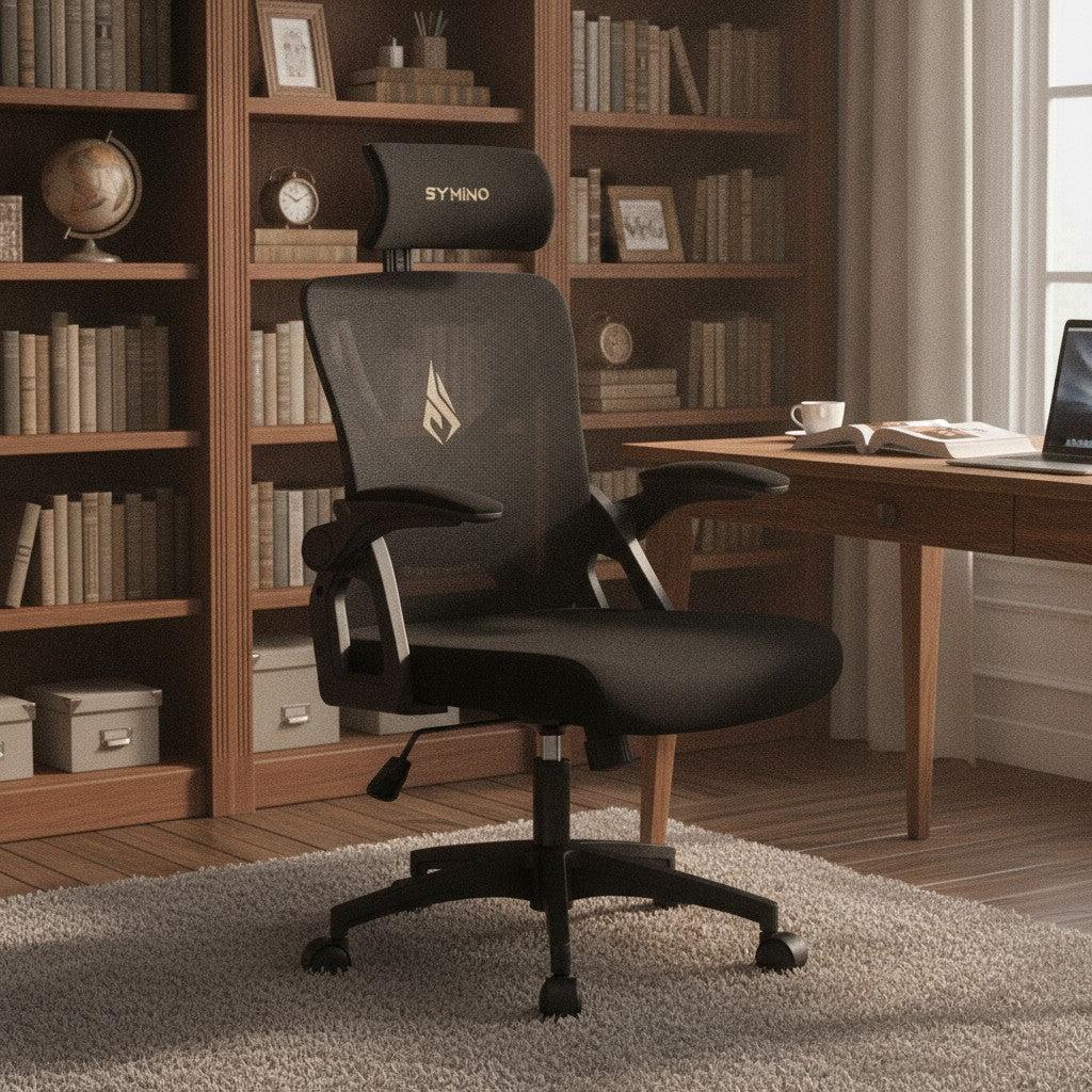Chaise Ergonomique pour le Dos avec Appui-Tête noir dans un bureau avec bibliothèque