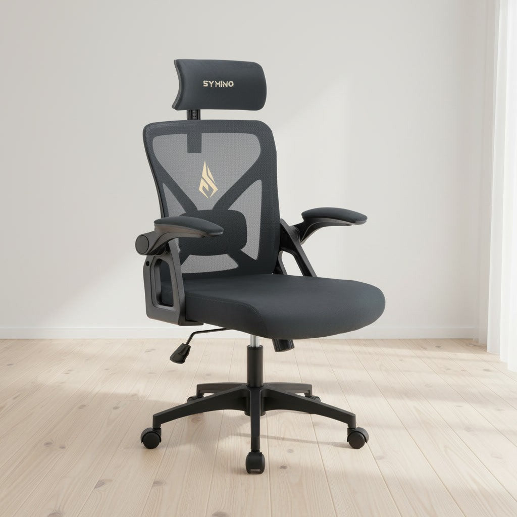 Chaise Ergonomique pour le Dos avec Appui-Tête gris foncé dans un espace de travail moderne
