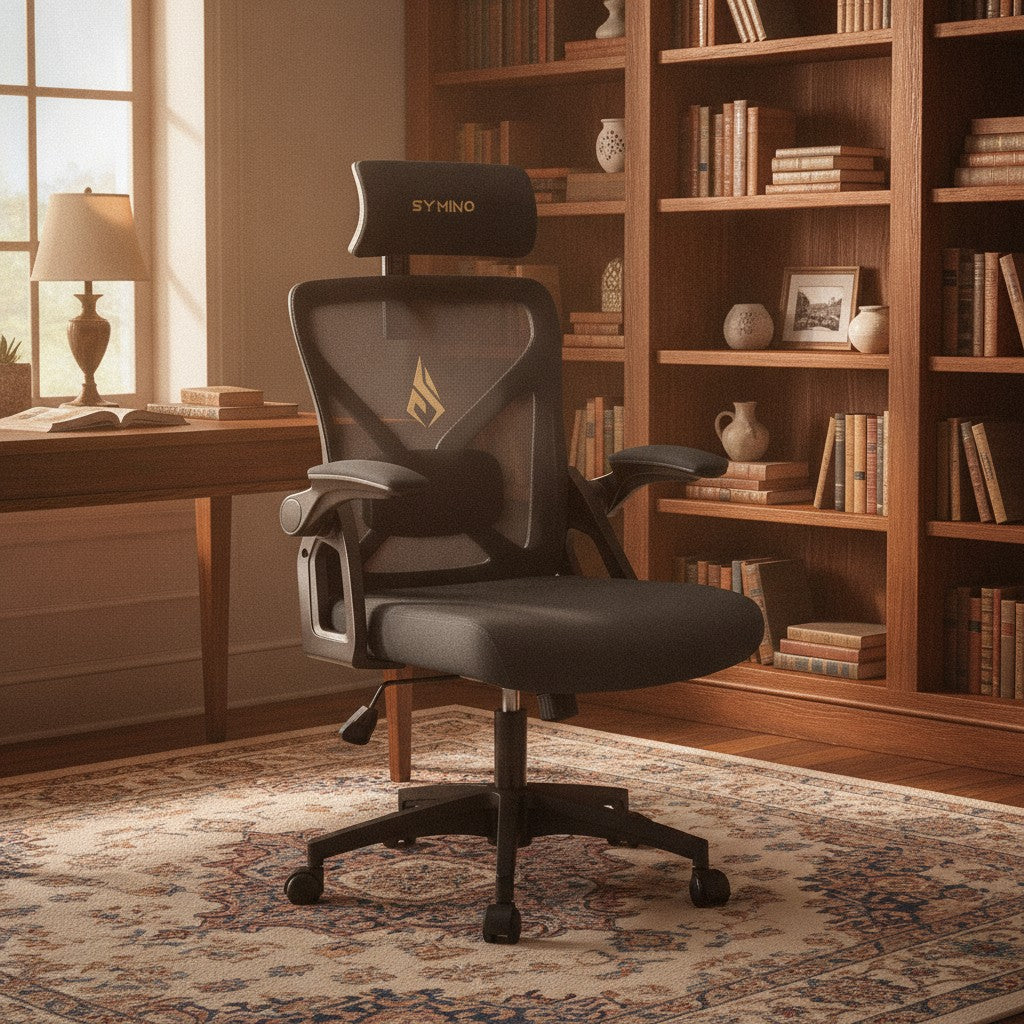 Chaise Ergonomique pour le Dos avec Appui-Tête gris foncé dans un bureau avec bibliothèque