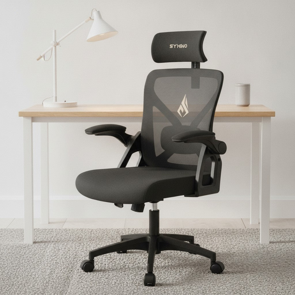 Chaise Ergonomique pour le Dos avec Appui-Tête gris foncé dans un bureau scandinave épuré