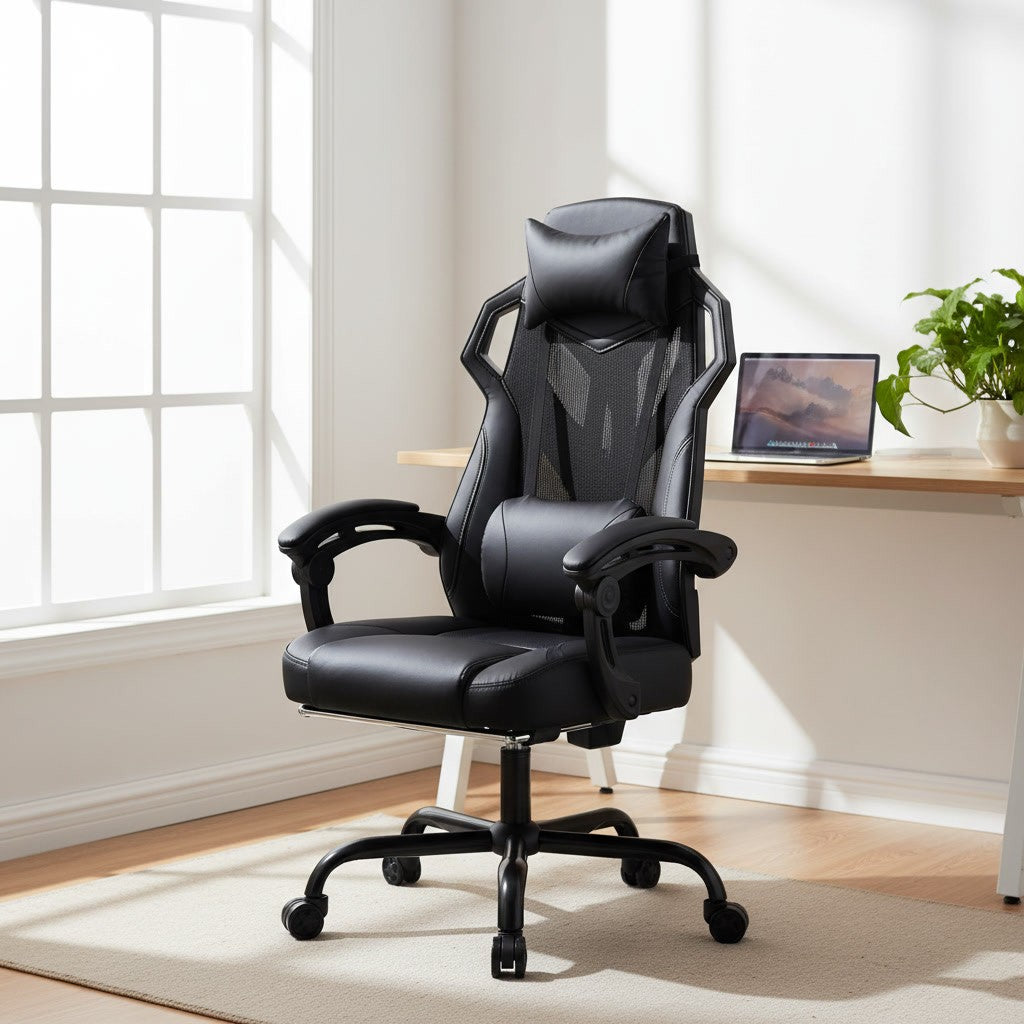 Chaise Ergonomique avec Repose-Pied en Maille noir dans un coin bureau lumineux