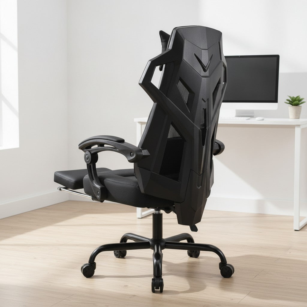 Chaise Ergonomique avec Repose-Pied en Maille noir dans un espace de travail moderne