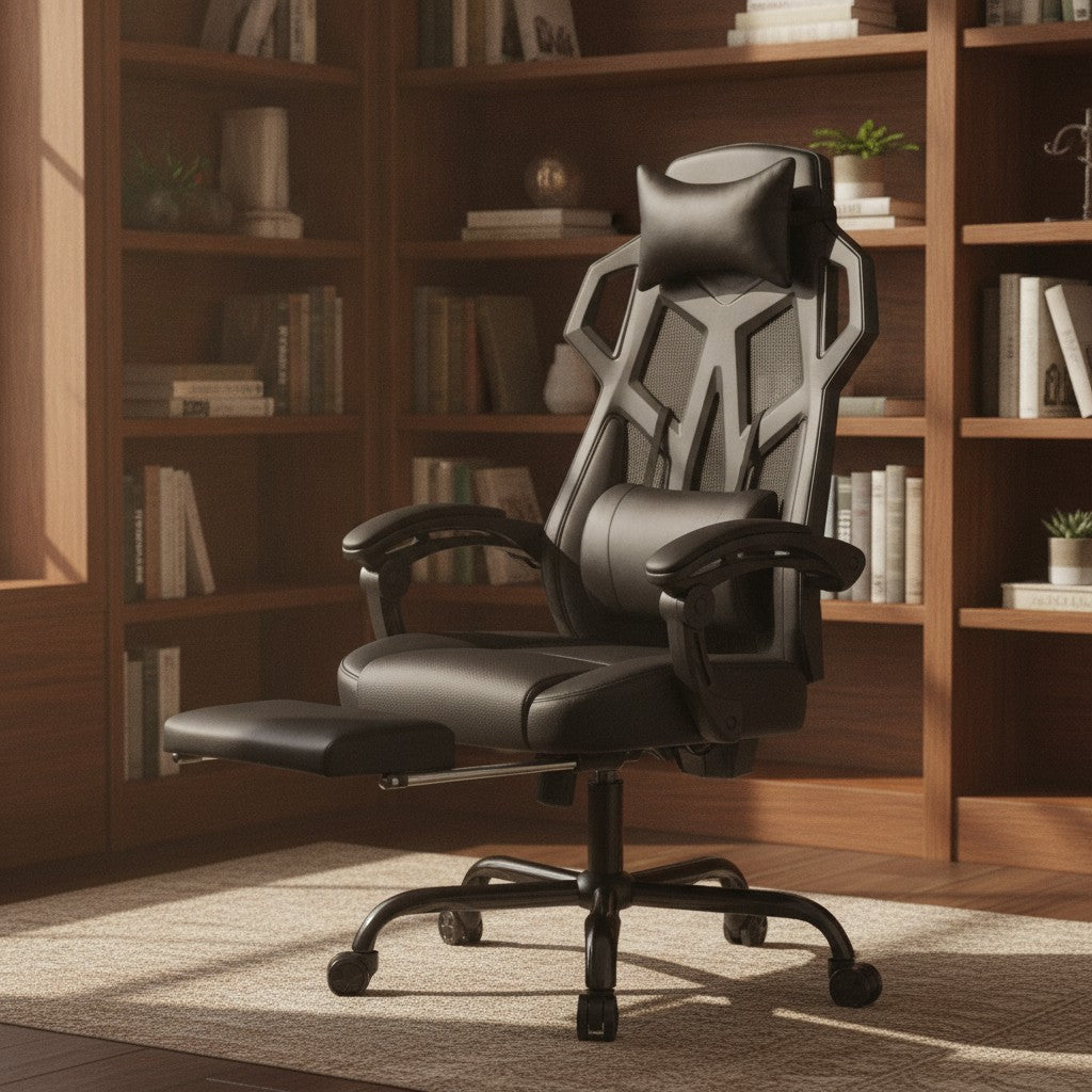 Chaise Ergonomique avec Repose-Pied en Maille noir dans un bureau avec bibliothèque