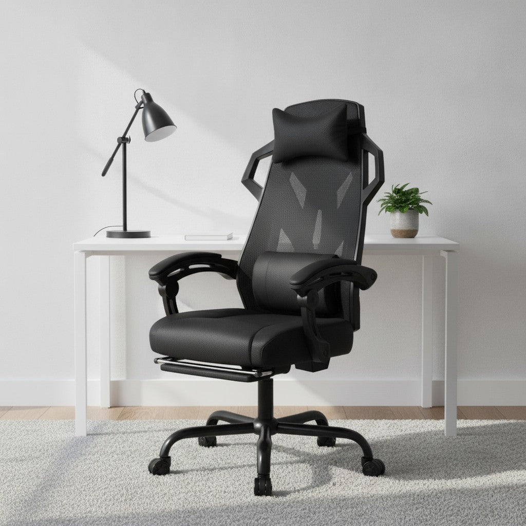 Chaise Ergonomique avec Repose-Pied en Maille noir dans un bureau scandinave épuré