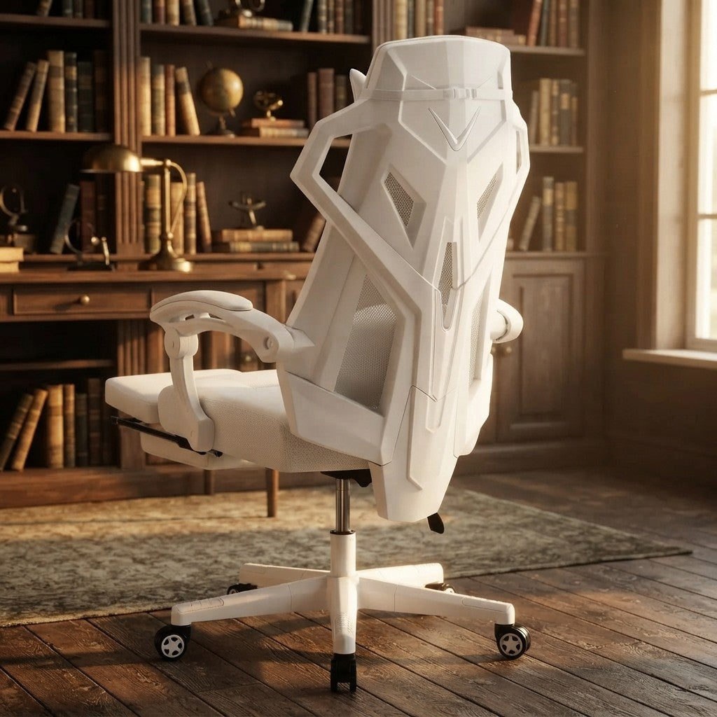Chaise Ergonomique avec Repose-Pied en Maille blanc dans un bureau avec bibliothèque