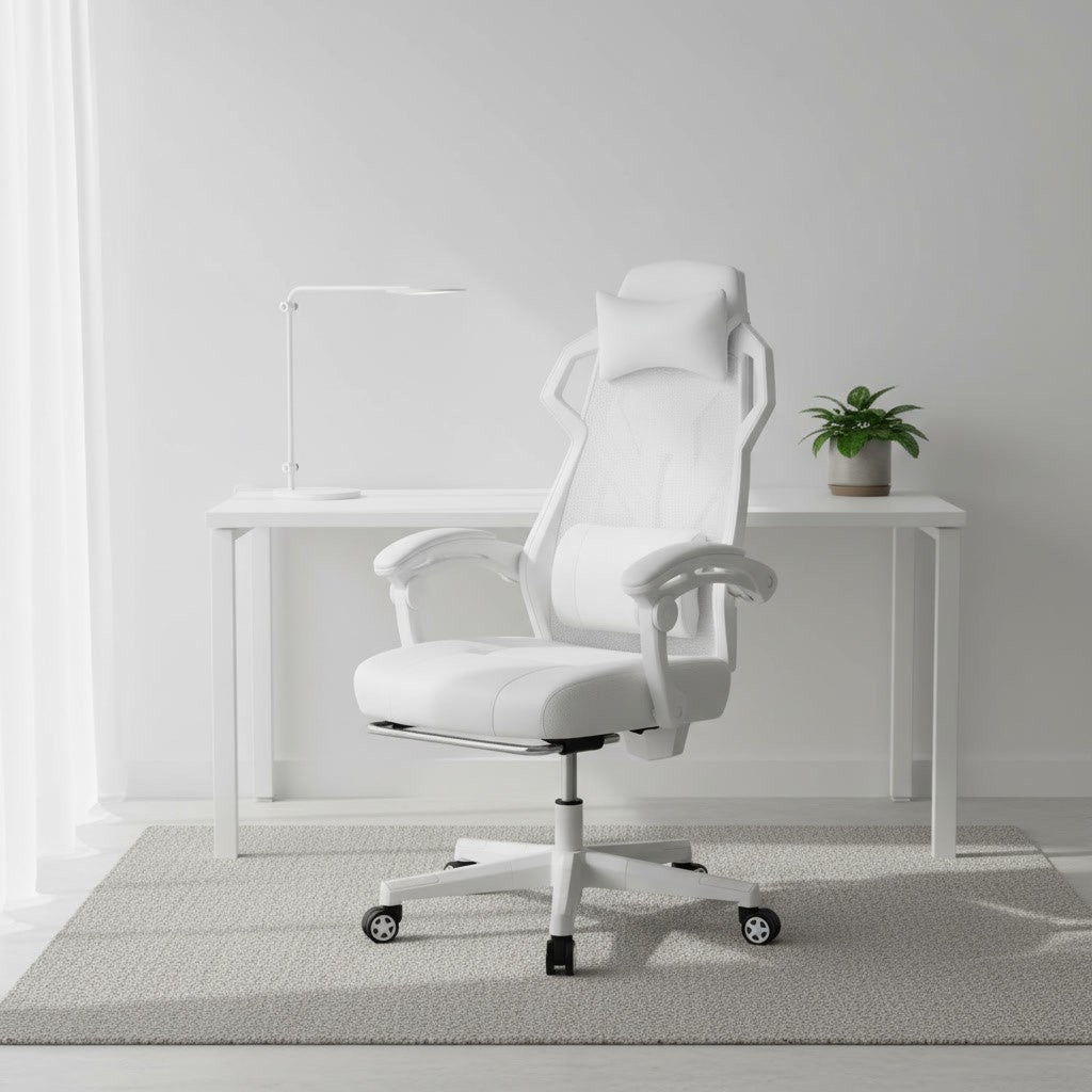 Chaise Ergonomique avec Repose-Pied en Maille blanc dans un bureau scandinave épuré