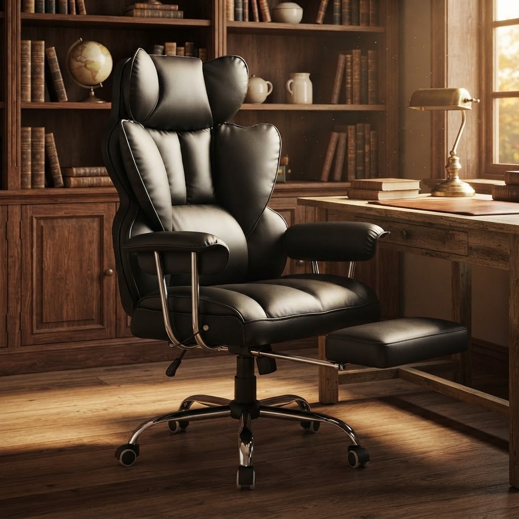 Fauteuil de Bureau Confortable avec Repose-Pieds dans un bureau avec bibliothèque