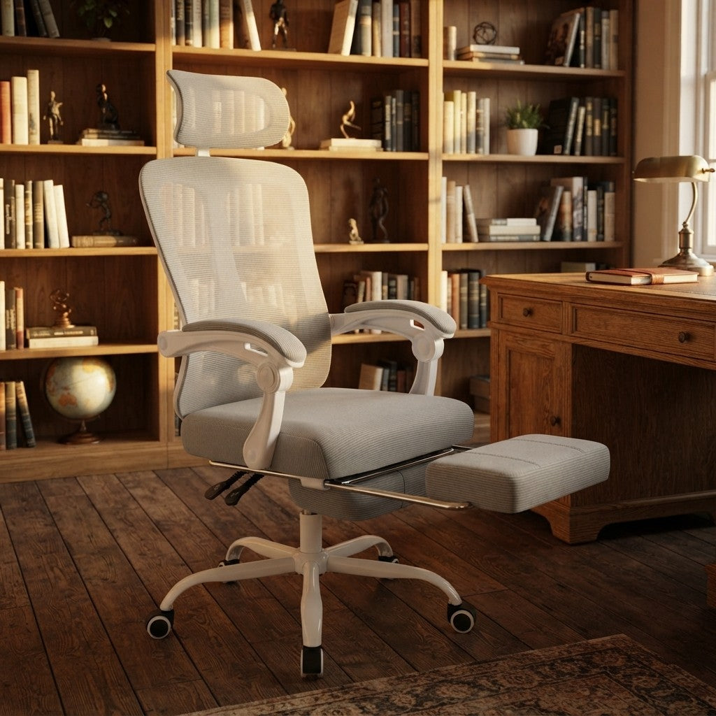 Chaise ergonomique à dossier haut dans un bureau avec bibliothèque