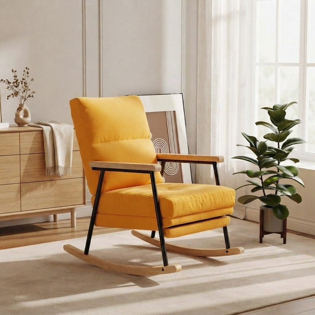Fauteuil à Bascule Allaitement avec Repose-Pieds dans une chambre près d'une fenêtre