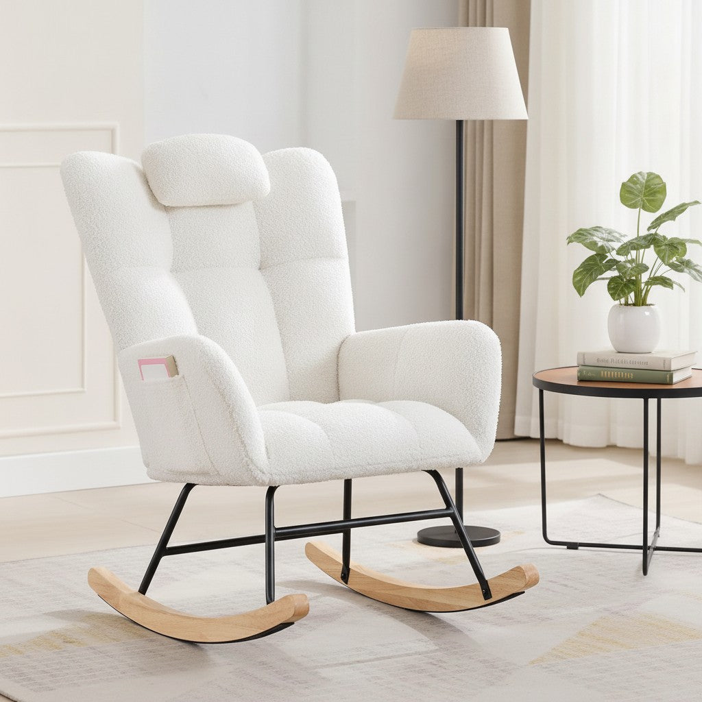 Fauteuil à Bascule Dossier Haut avec Poches beige dans un coin lecture du salon