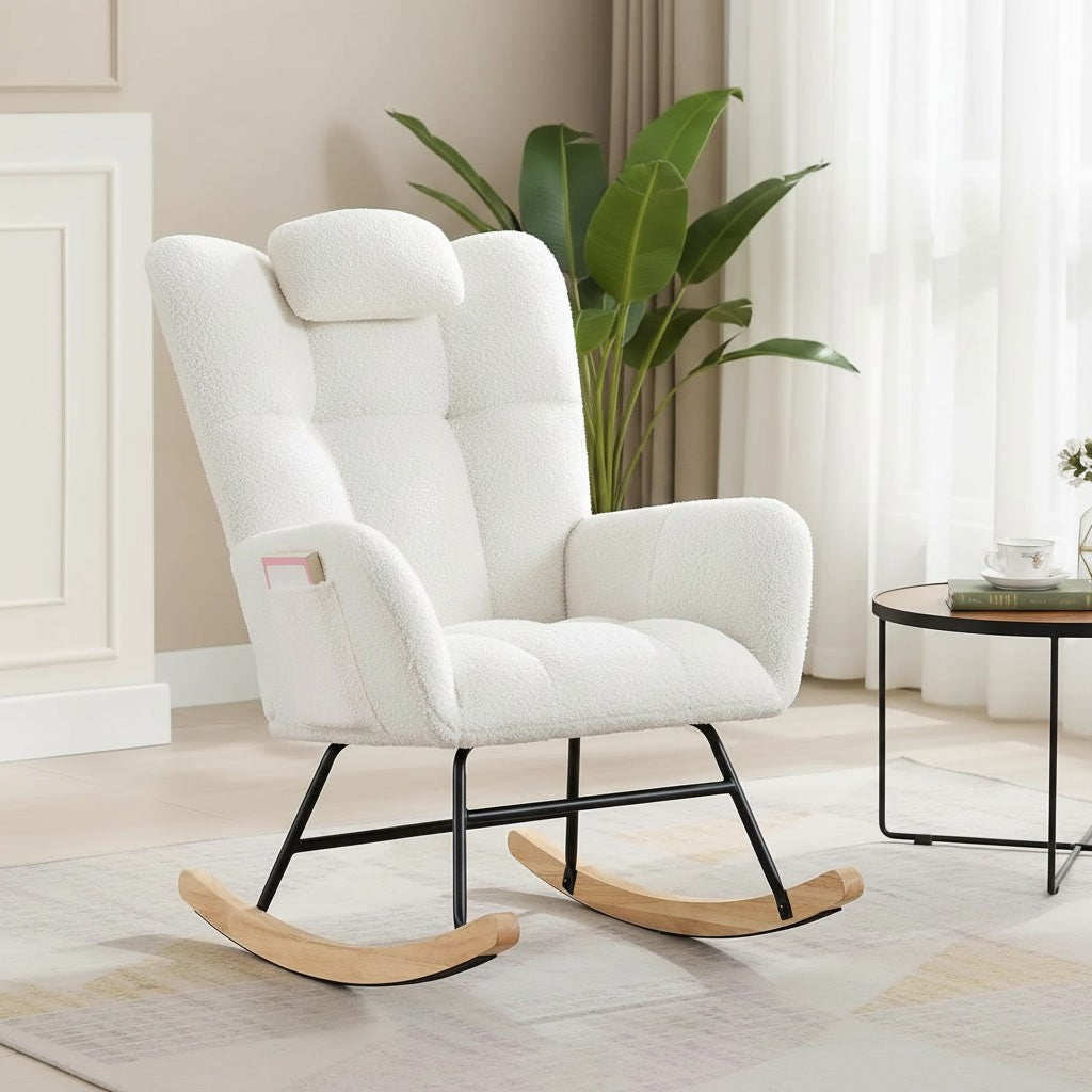 Fauteuil à Bascule Dossier Haut avec Poches beige près d'une fenêtre