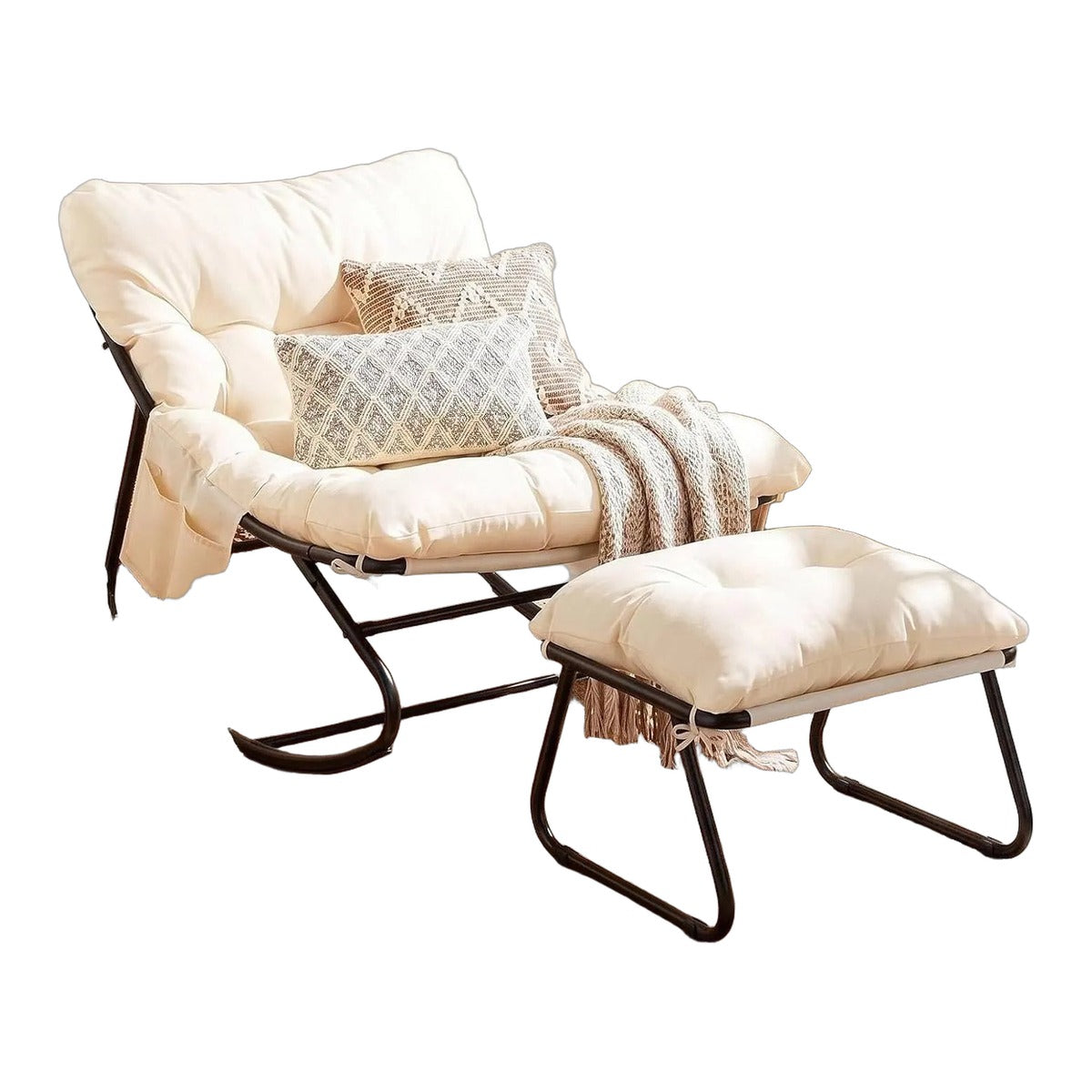 Fauteuil à bascule avec repose-pieds et coussin imperméable, beige