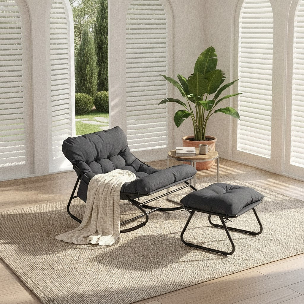 Fauteuil à Bascule Extérieur avec Repose-Pieds gris dans une véranda