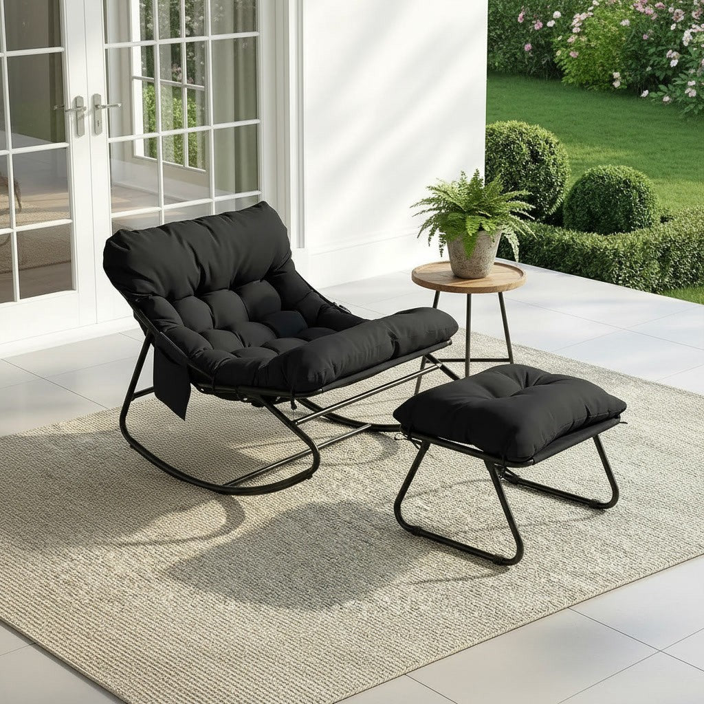 Fauteuil à Bascule Extérieur avec Repose-Pieds noir dans une véranda