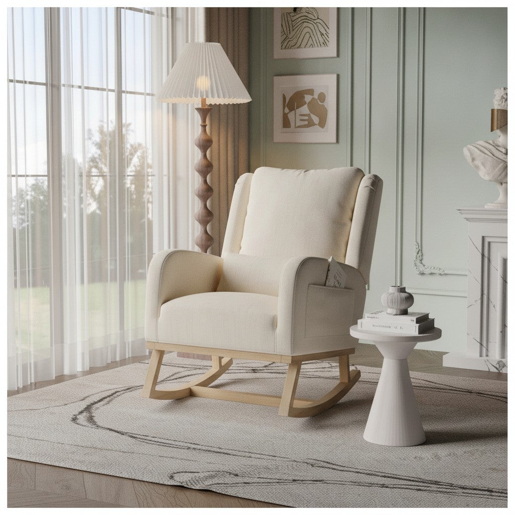 Fauteuil à Bascule Moderne en Tissu Teddy beige lin dans un coin lecture du salon