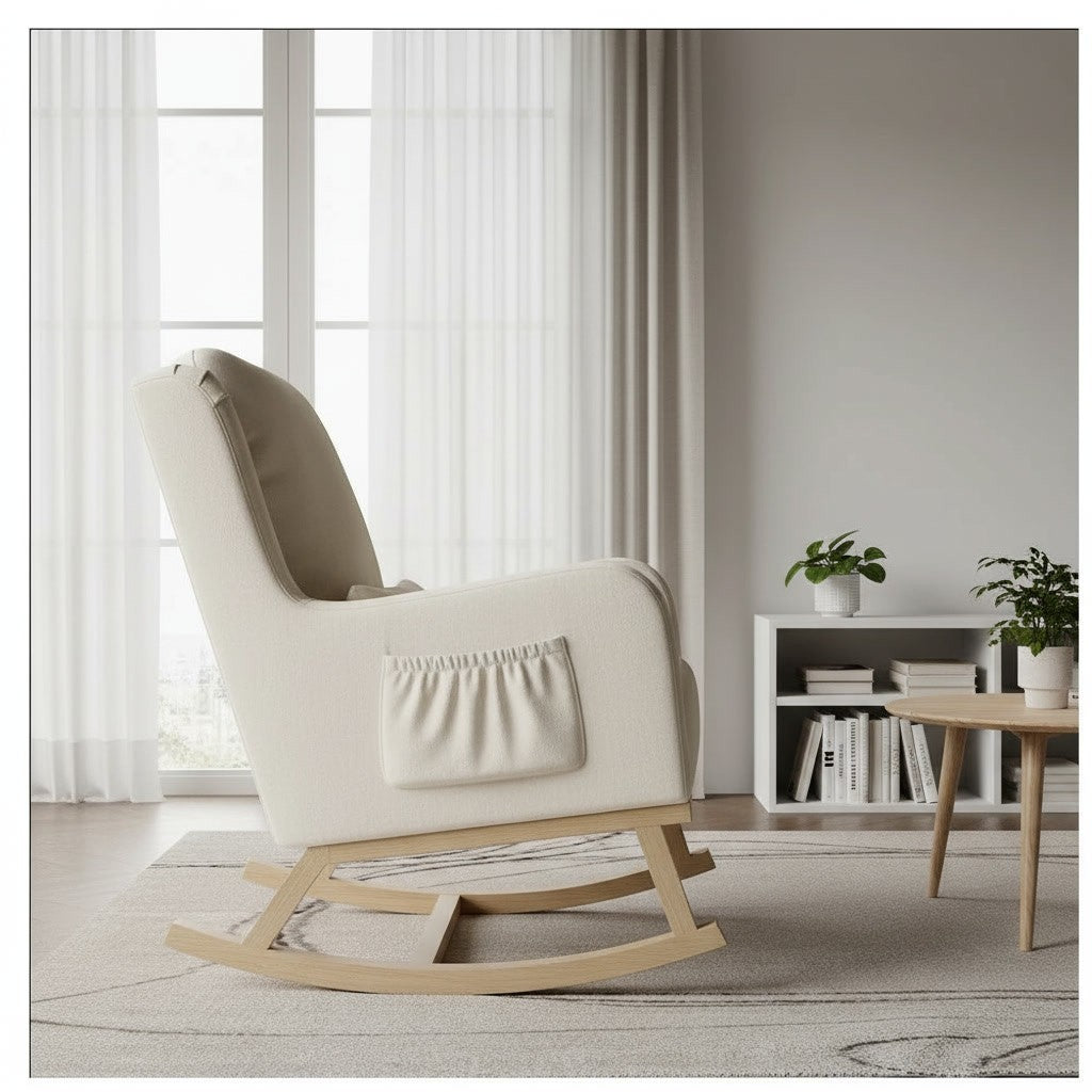 Fauteuil à Bascule Moderne en Tissu Teddy beige lin dans un salon scandinave lumineux