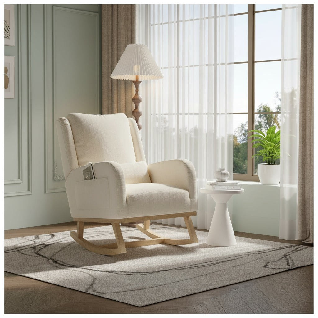 Fauteuil à Bascule Moderne en Tissu Teddy beige lin près d'une fenêtre
