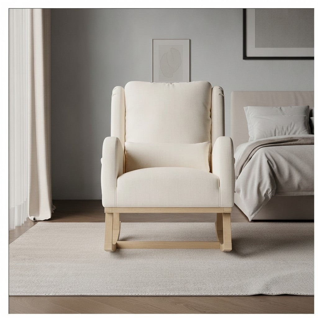 Fauteuil à Bascule Moderne en Tissu Teddy beige lin dans une chambre