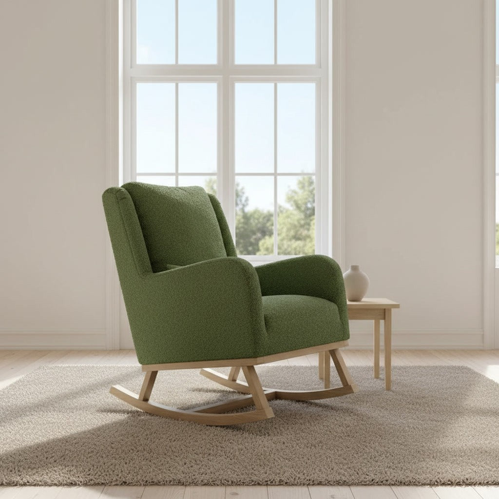 Fauteuil à Bascule Moderne en Tissu Teddy vert teddy dans un salon scandinave lumineux