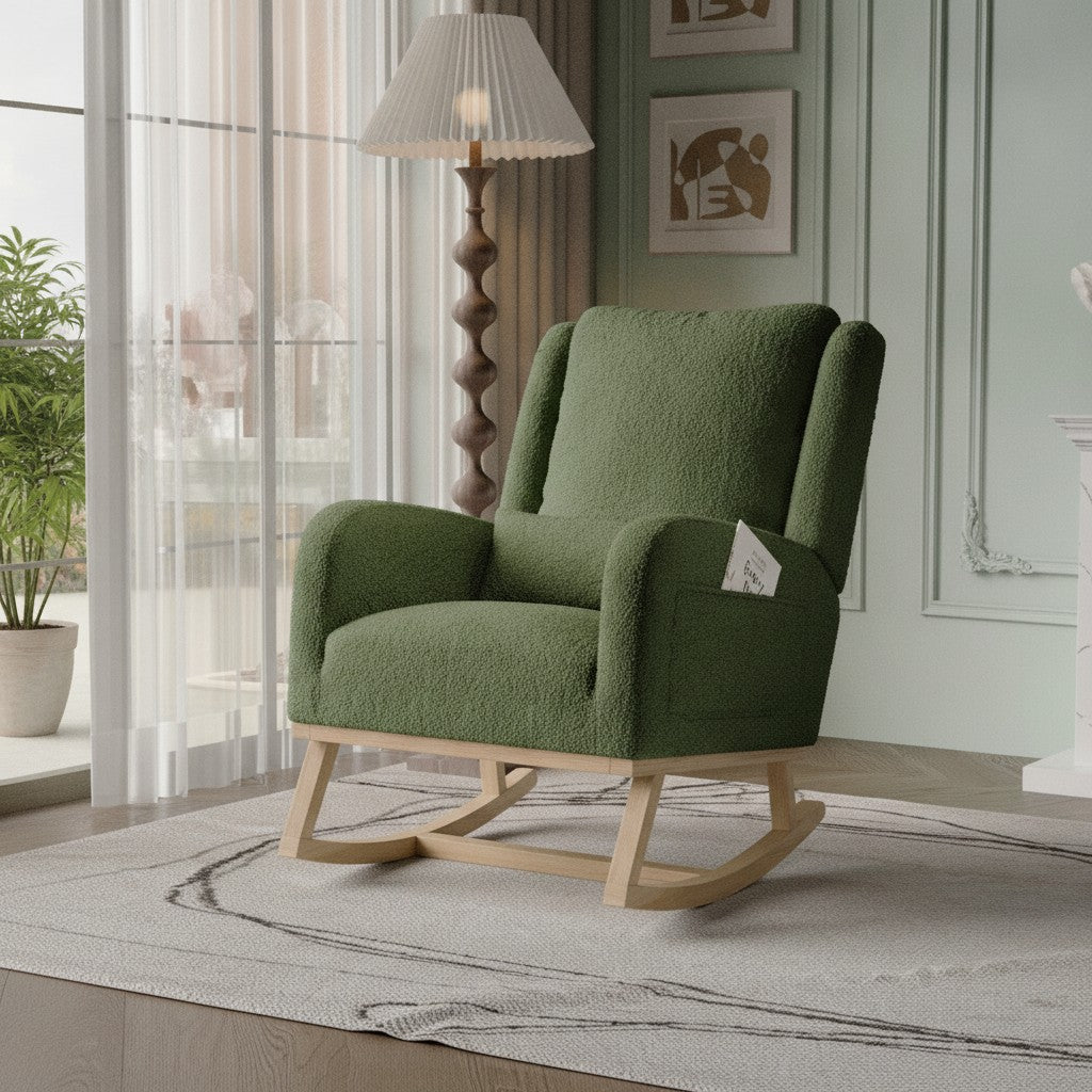 Fauteuil à Bascule Moderne en Tissu Teddy vert teddy près d'une fenêtre