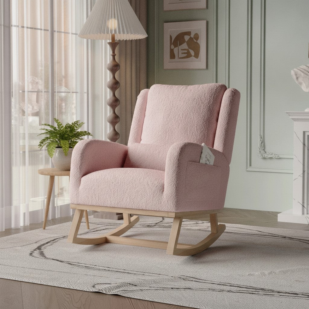 Fauteuil à Bascule Moderne en Tissu Teddy rose teddy près d'une fenêtre